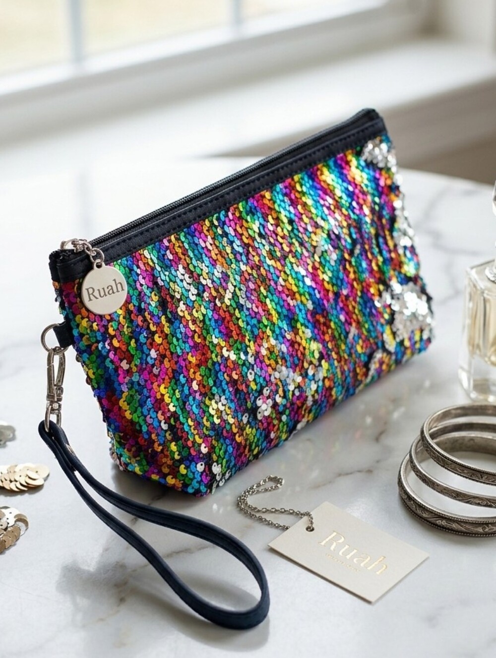 RIAH Fashion Rainbow Multi Colored Sequin Silver Transition Makeup Wristlet Bag